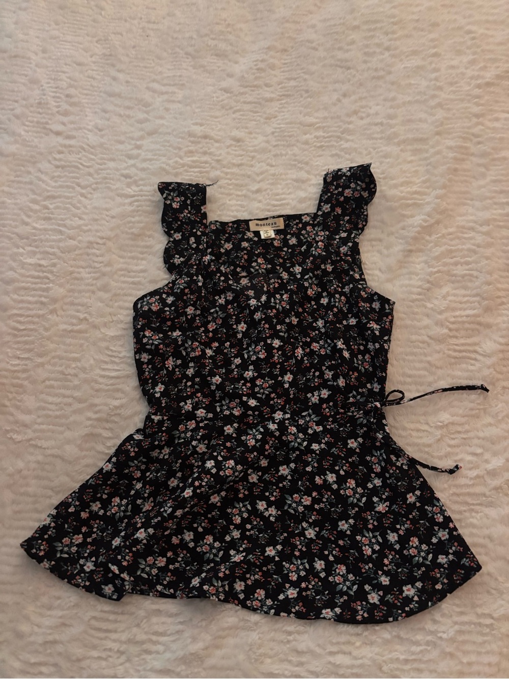 Monteau Black Floral Ruffle Top with Pink & Light Blue Flowers